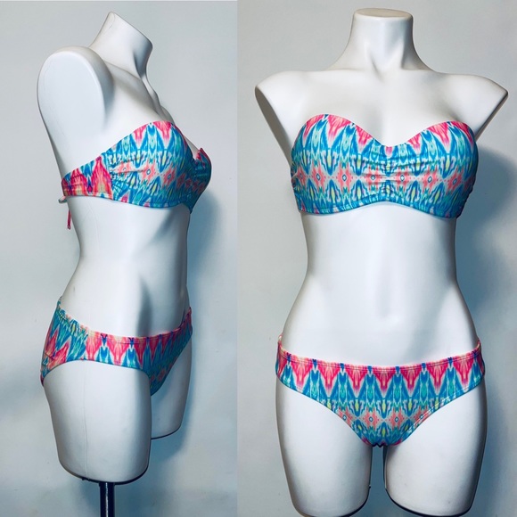 Op Swimwear Neon print strapless 2 piece bikini size juniors M (7-9) - Picture 4 of 16